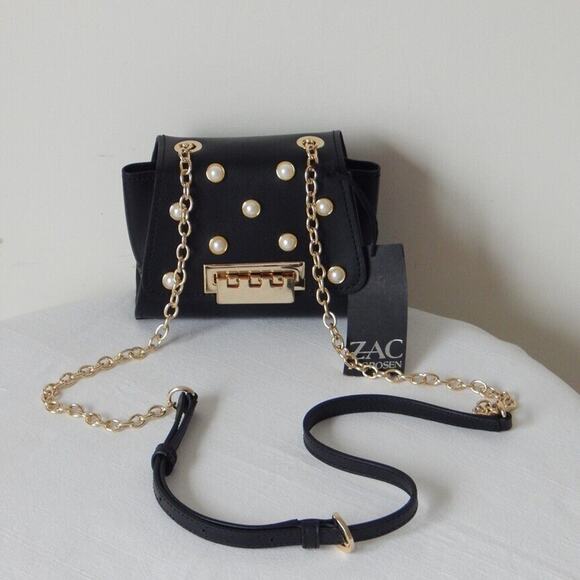 ZAC POSEN EARTHA MINI Pearl Studs Flap Chain Link Shoulder Bag Black NWT - Picture 2 of 10